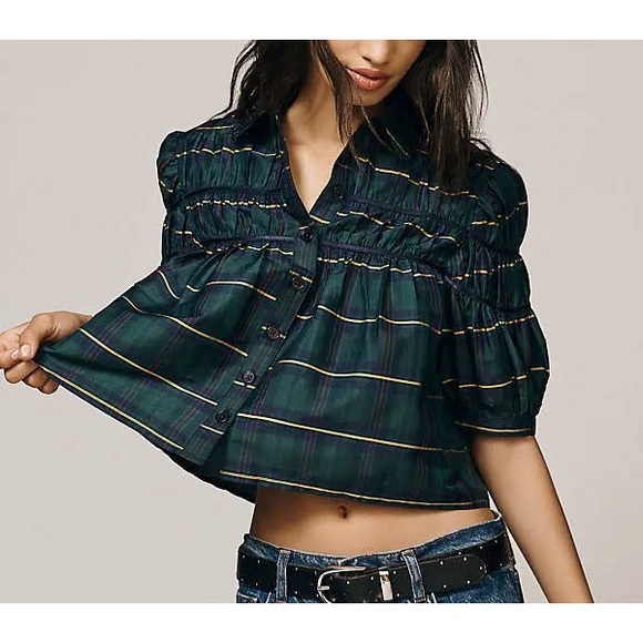 Maeve Tops - Anthropologie - The Leandra Taffeta Shirred Yoke Blouse by Maeve